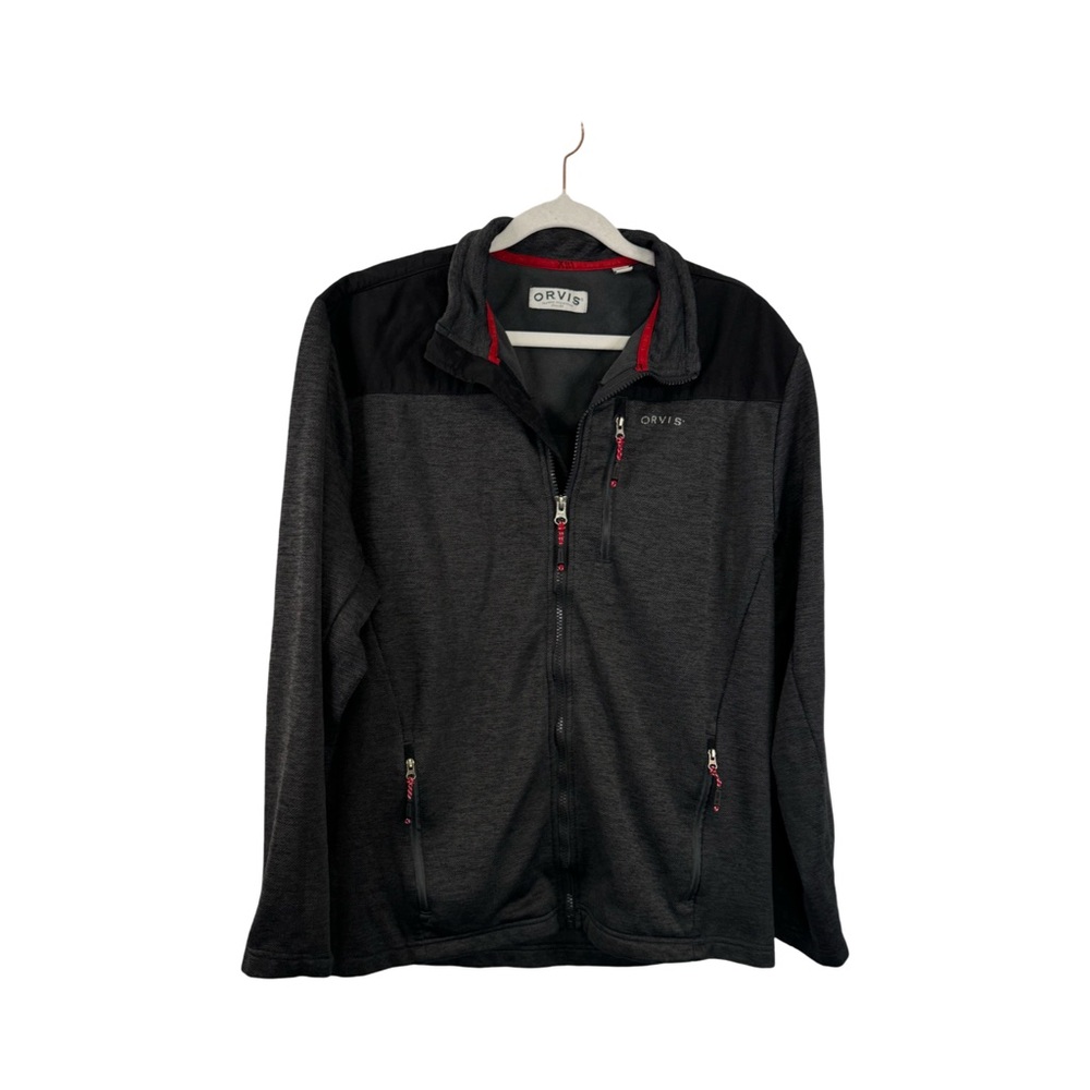 Orvis Jacket Mens Med Gray & Black Fleece Full Zip Pockets Mock Neck Lightweight